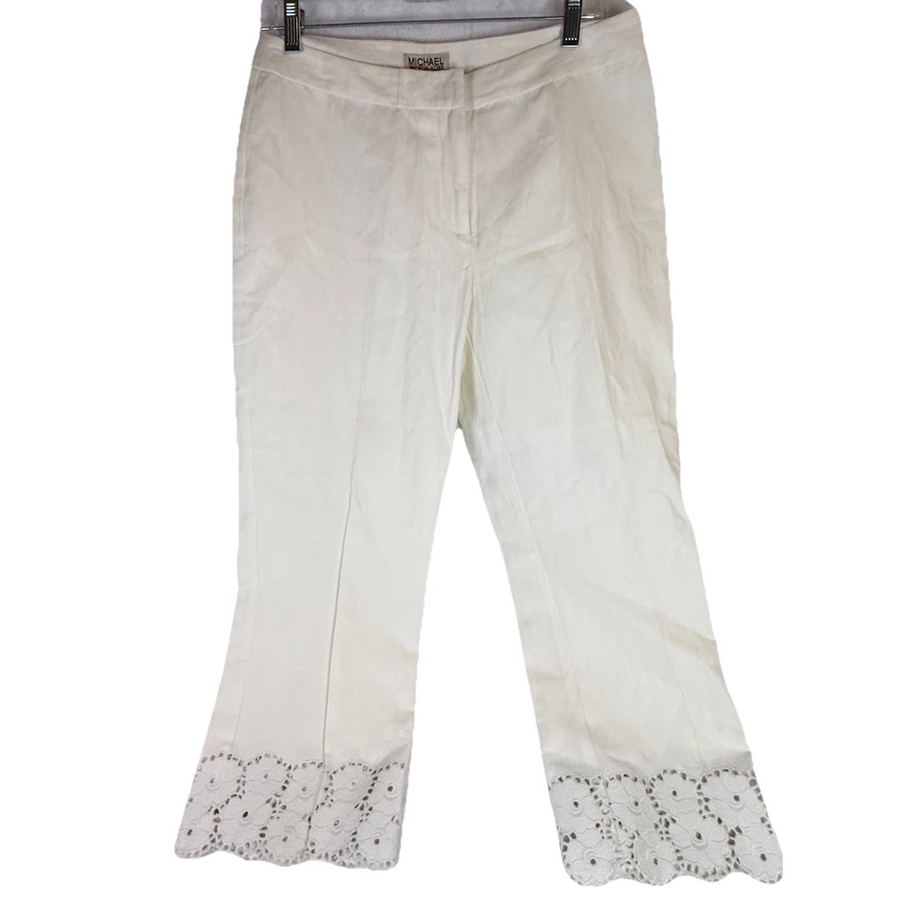 Michael Kors White Cropped Pants Lace Hem Linen Cotton Size 8 NWT Summer Resort